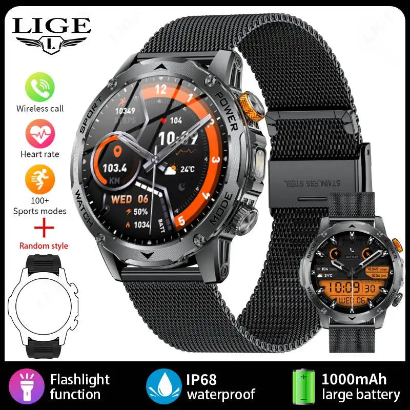 LIGE Smart Watch Men Bluetooth Call Outdoor Fitness Watch AMOLED 1000mAh Waterproof