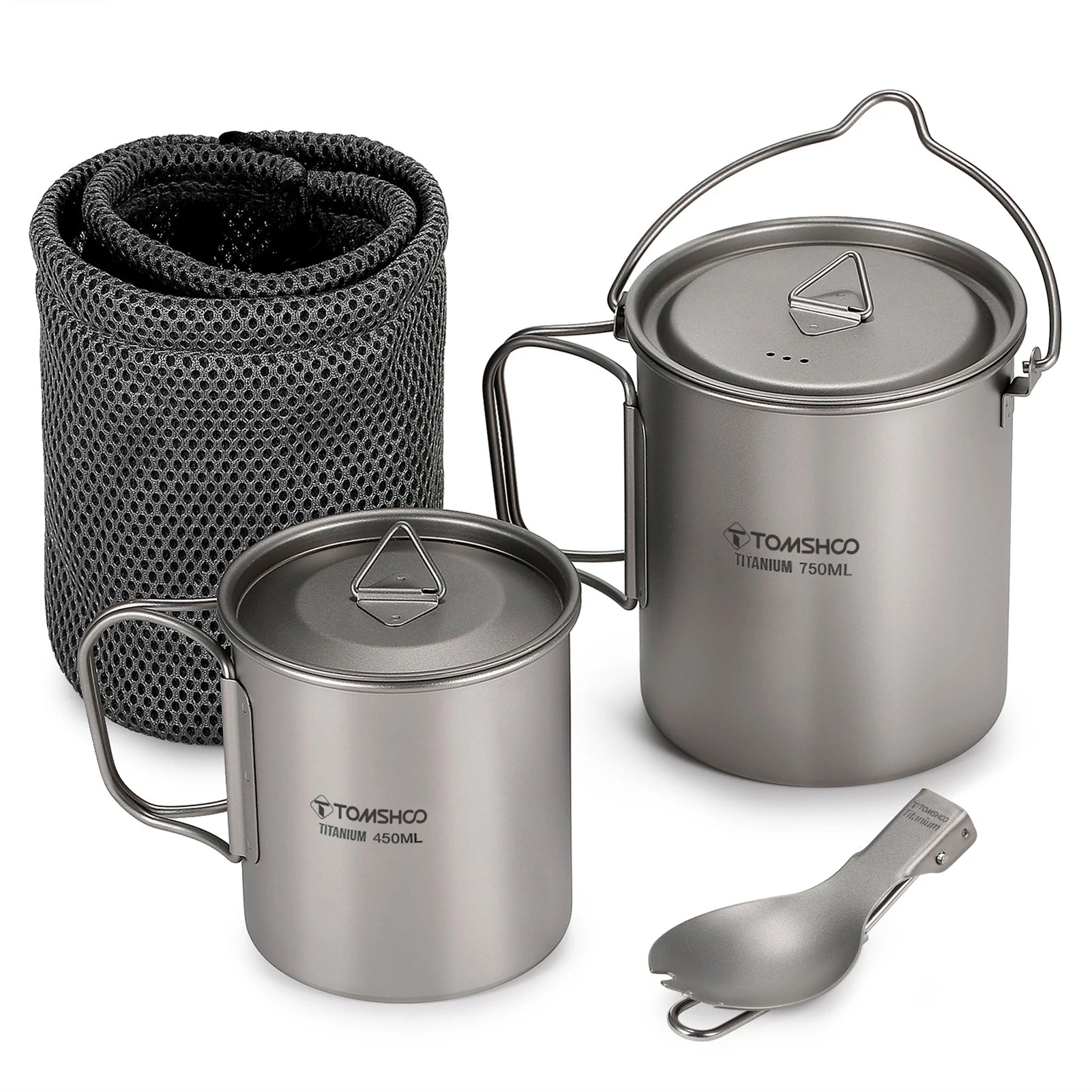 TOMSHOO Titanium Camping Cookware Set 750ml Pot 450ml Cup with Folding Spork