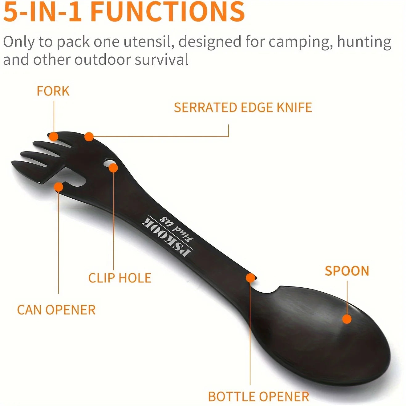 PSKOOK 5-in-1 Stainless Steel Spork Multi-Tool Camping Fork Knife Spoon Opener