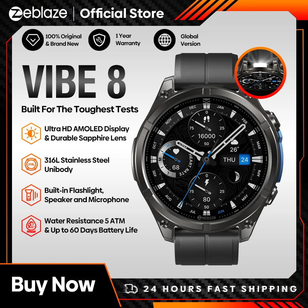 ZEBLAZE Vibe 8 Smart Watch AMOLED Display with Voice Calling & Flashlight