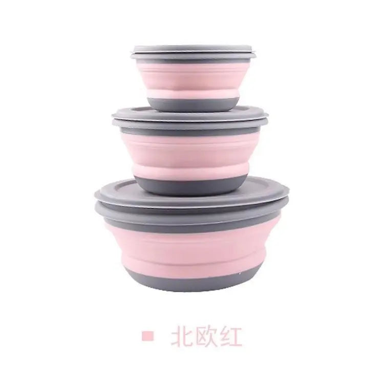 Portable Folding Silicone Lunch Box Set 3Pcs Collapsible Camping Food Containers with Lids