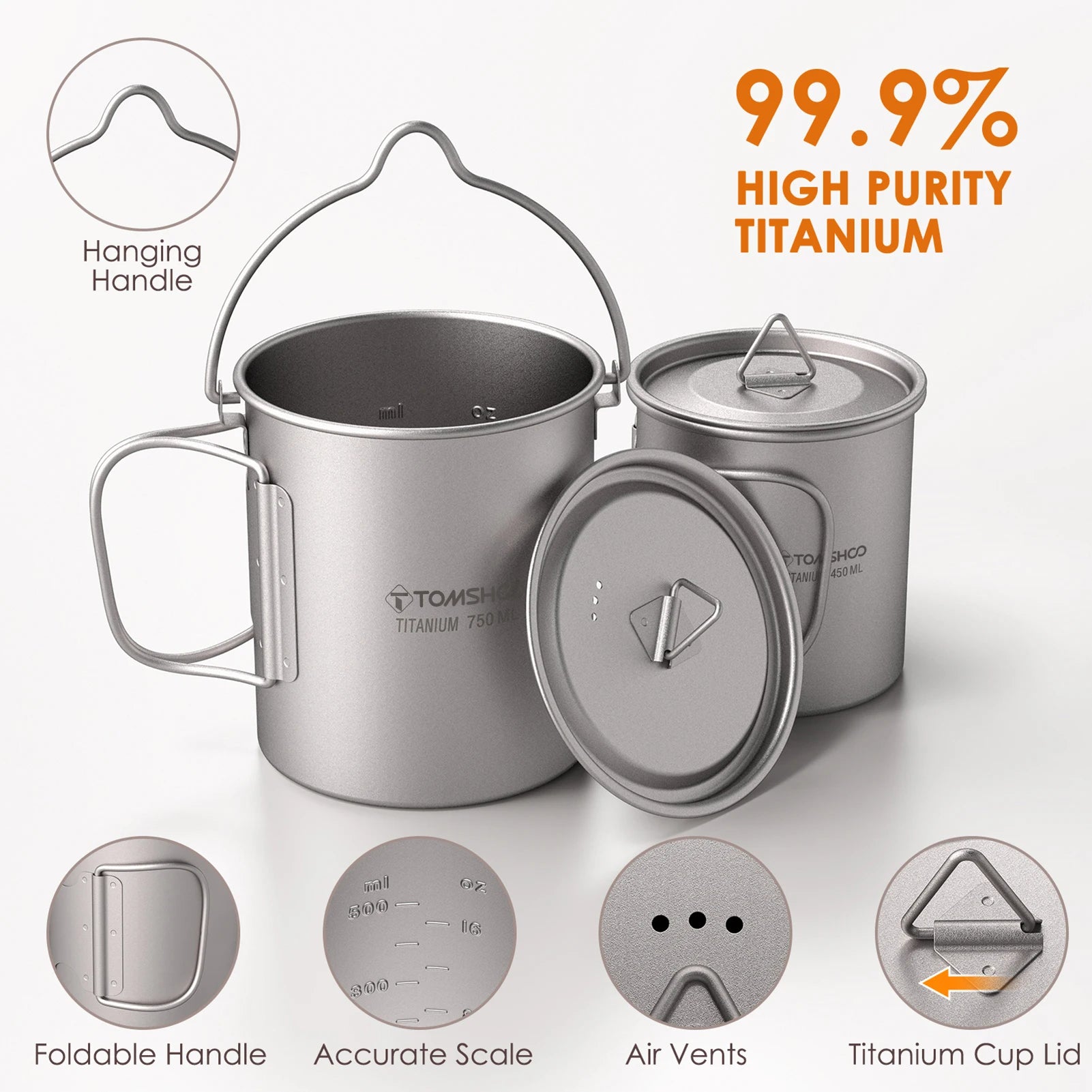 TOMSHOO Titanium Camping Cookware Set 750ml Pot 450ml Cup with Folding Spork