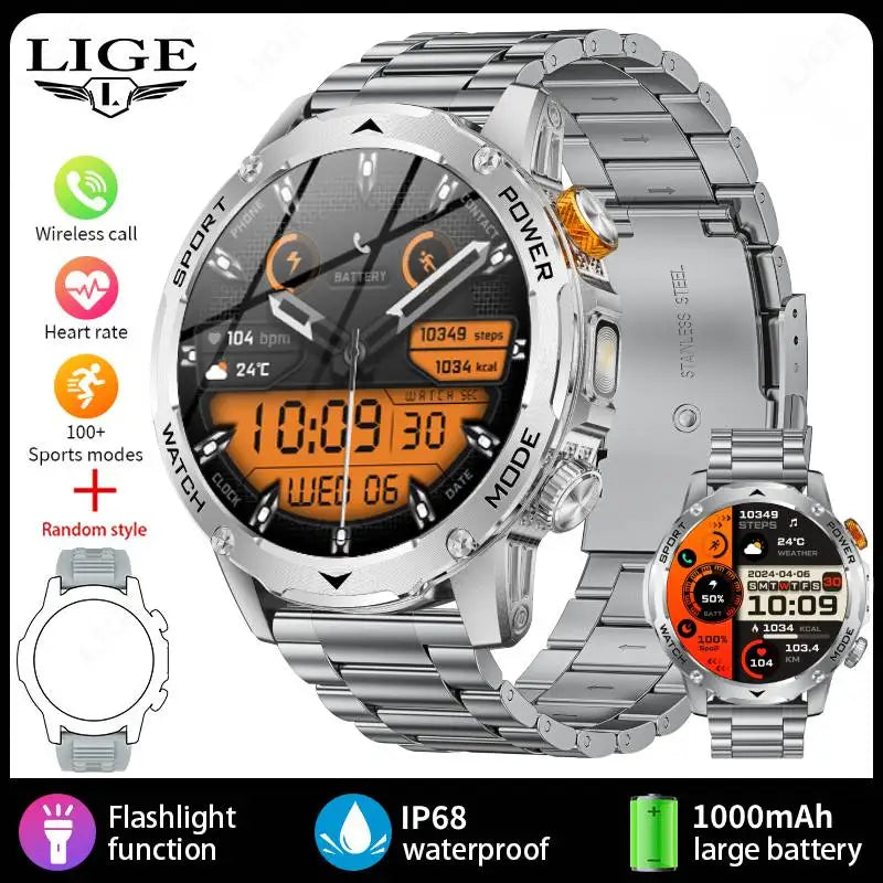LIGE Smart Watch Men Bluetooth Call Outdoor Fitness Watch AMOLED 1000mAh Waterproof