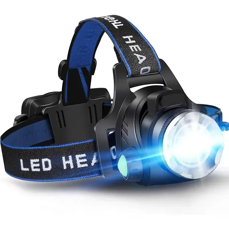 High Lumen Rechargeable LED Headlamp with Zoom Focus, Waterproof, Adjustable Head Strap for Running