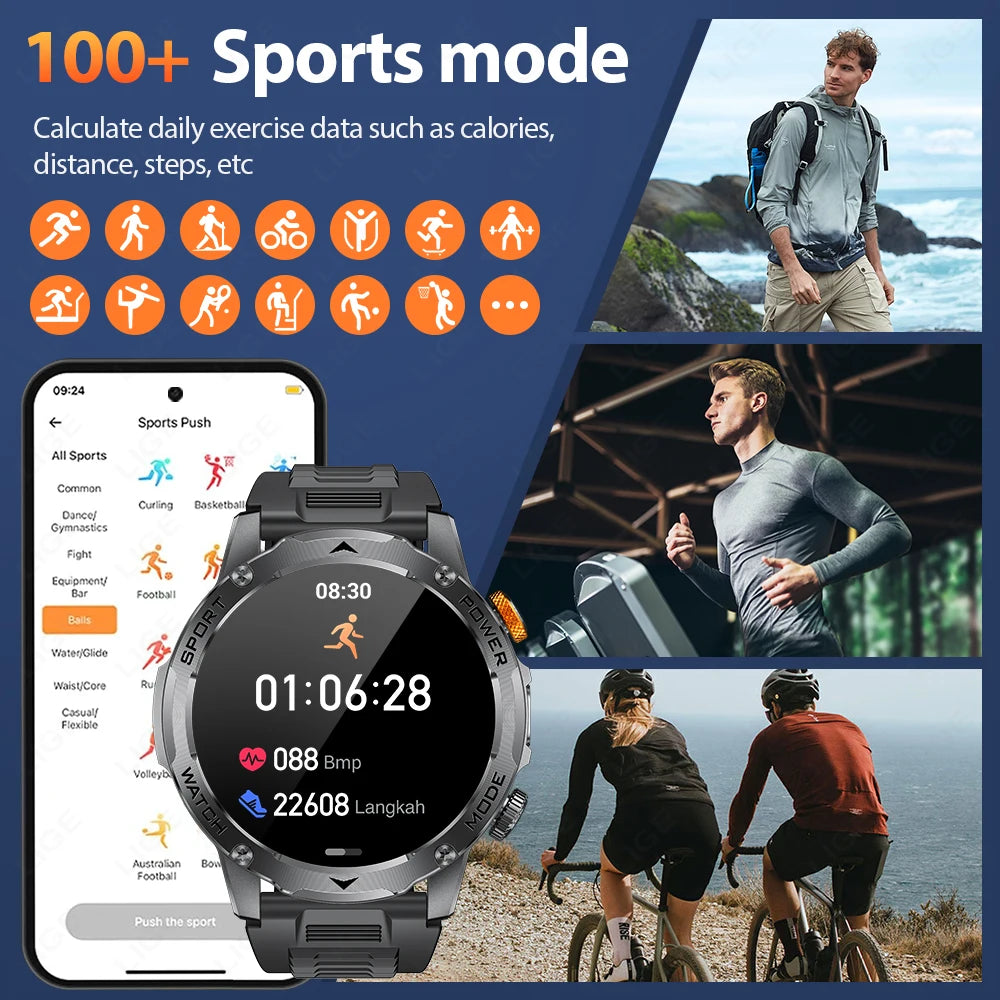 LIGE Smart Watch Men Bluetooth Call Outdoor Fitness Watch AMOLED 1000mAh Waterproof
