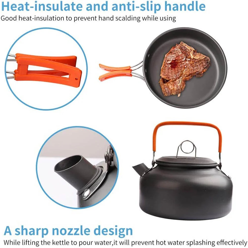LISM Camping Cookware Set 2-3 Person Non-Stick Pots Frying Pan Teapot Kit