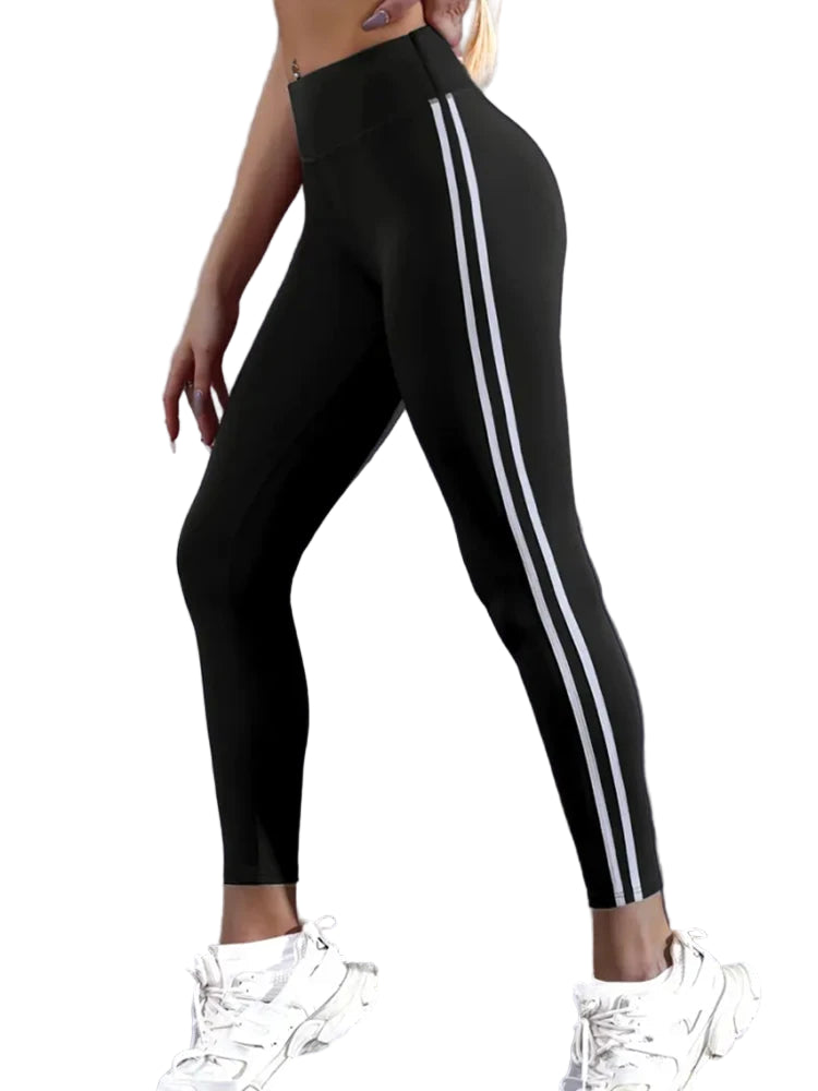 Women’s High-Waisted Athletic Leggings – Slim Fit, Side Stripes, Running Tights