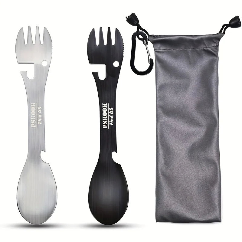 PSKOOK 5-in-1 Stainless Steel Spork Multi-Tool Camping Fork Knife Spoon Opener