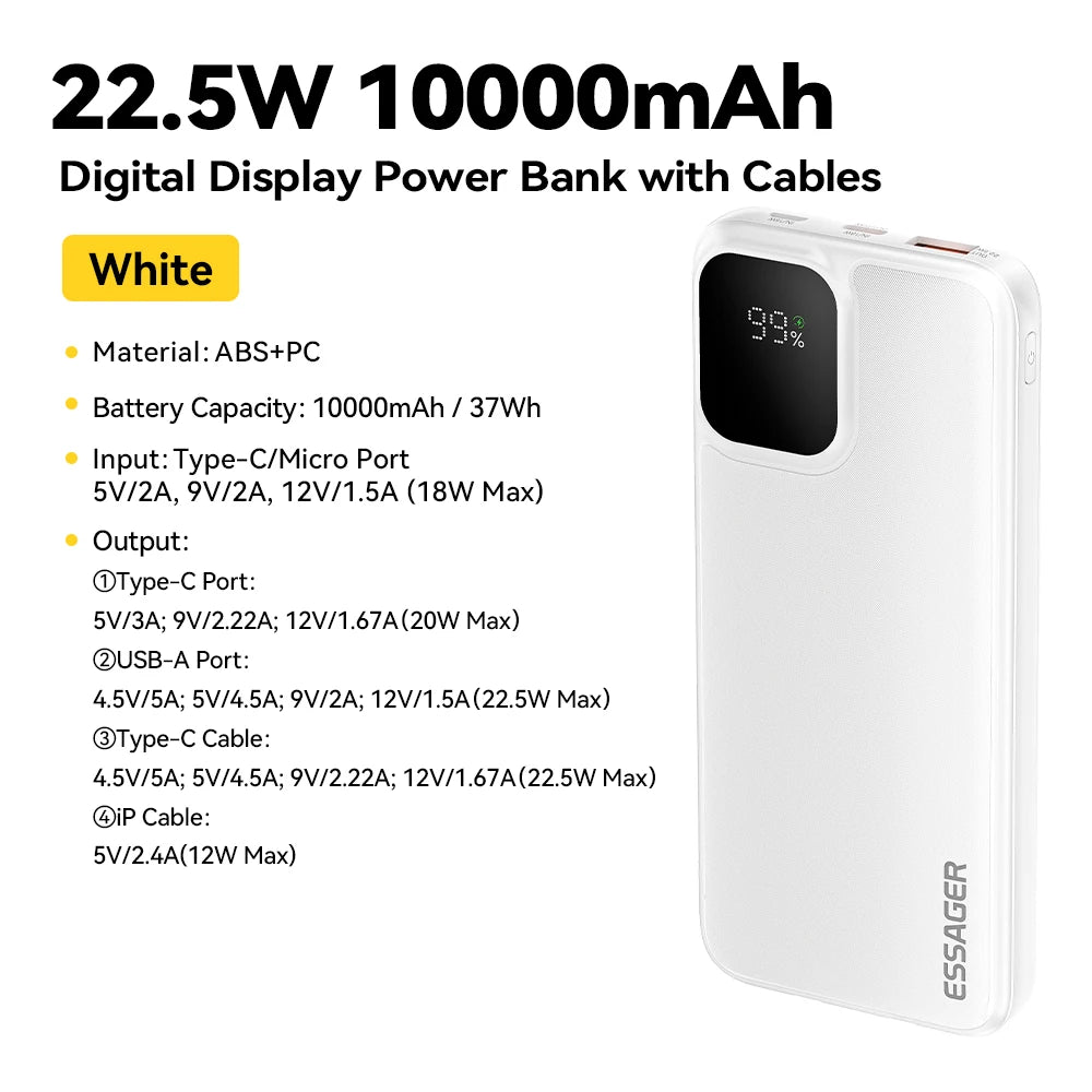 ESSAGER 20000mAh Power Bank 22.5W Fast Charging with Built-in Cables & PD