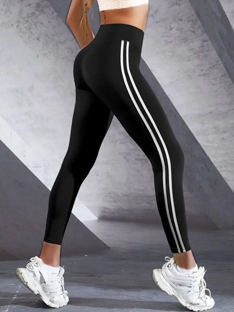 Women’s High-Waisted Athletic Leggings – Slim Fit, Side Stripes, Running Tights
