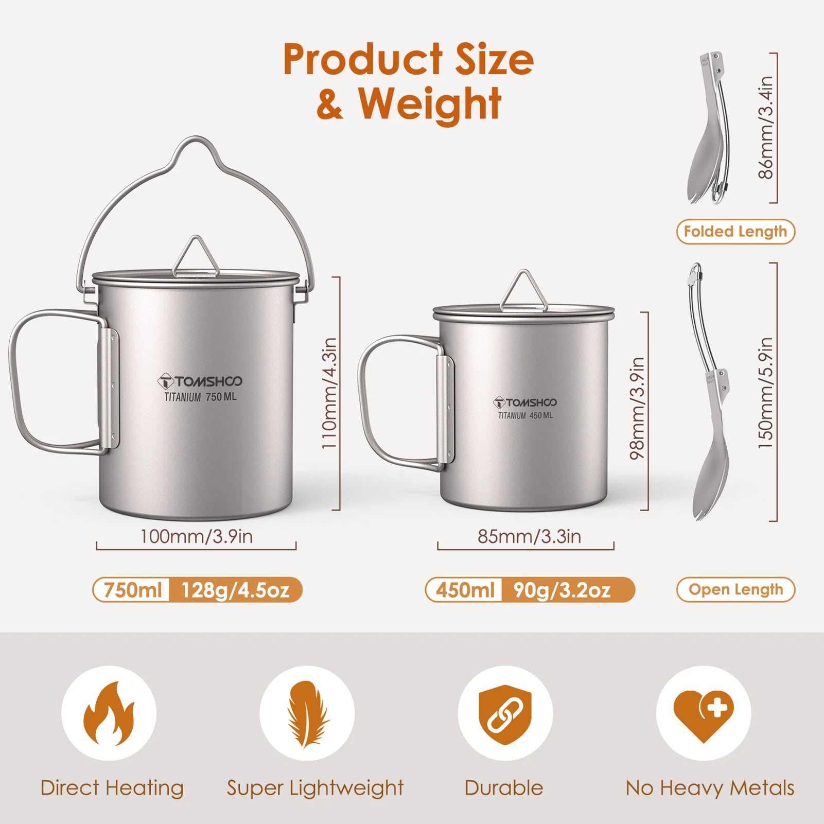 TOMSHOO Titanium Camping Cookware Set 750ml Pot 450ml Cup with Folding Spork