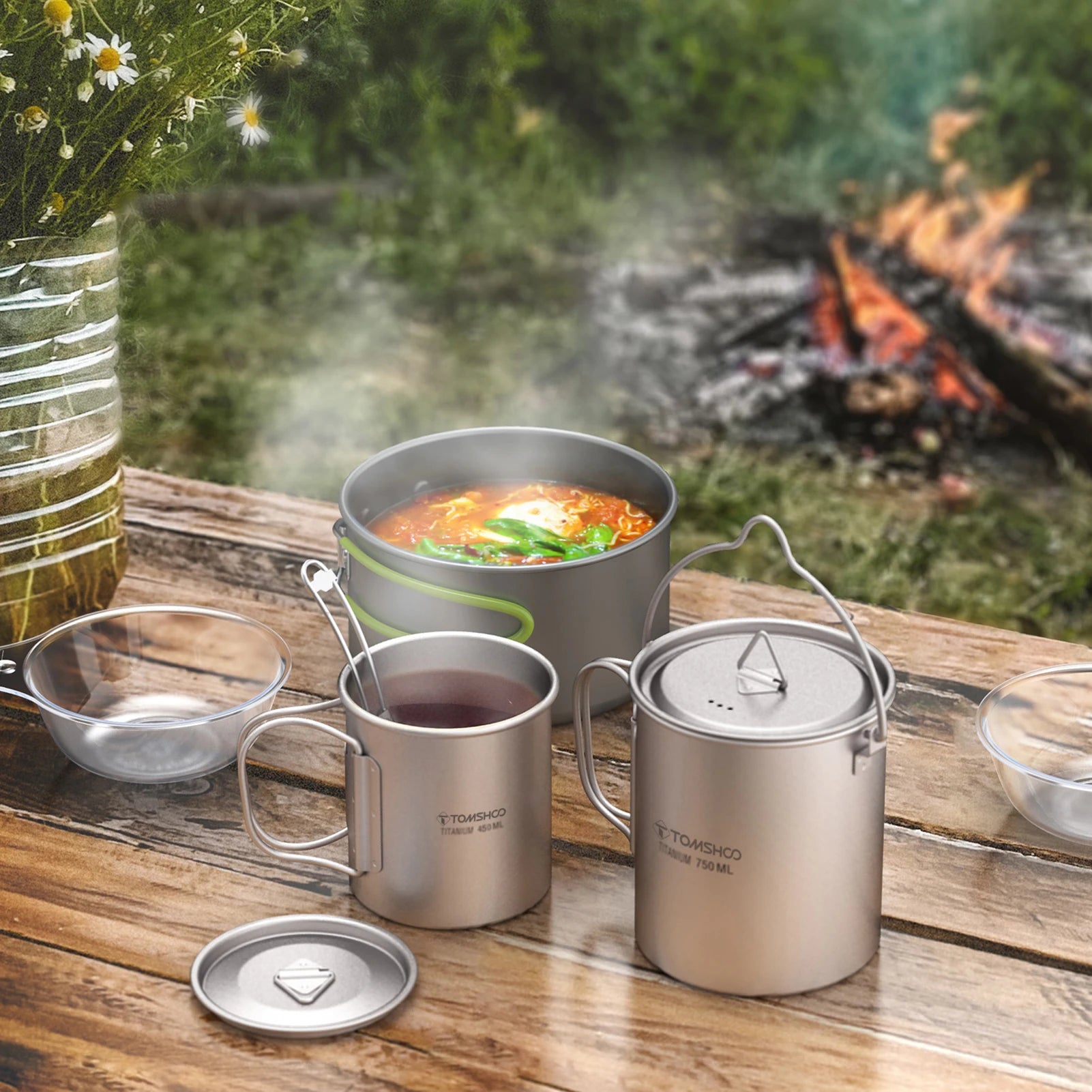 TOMSHOO Titanium Camping Cookware Set 750ml Pot 450ml Cup with Folding Spork