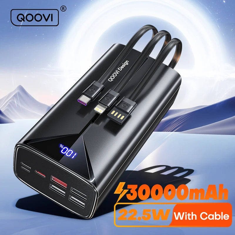 QOOVI 30000mAh Fast Charging Power Bank – Built-in Cables, USB-C, Digital Display Charger